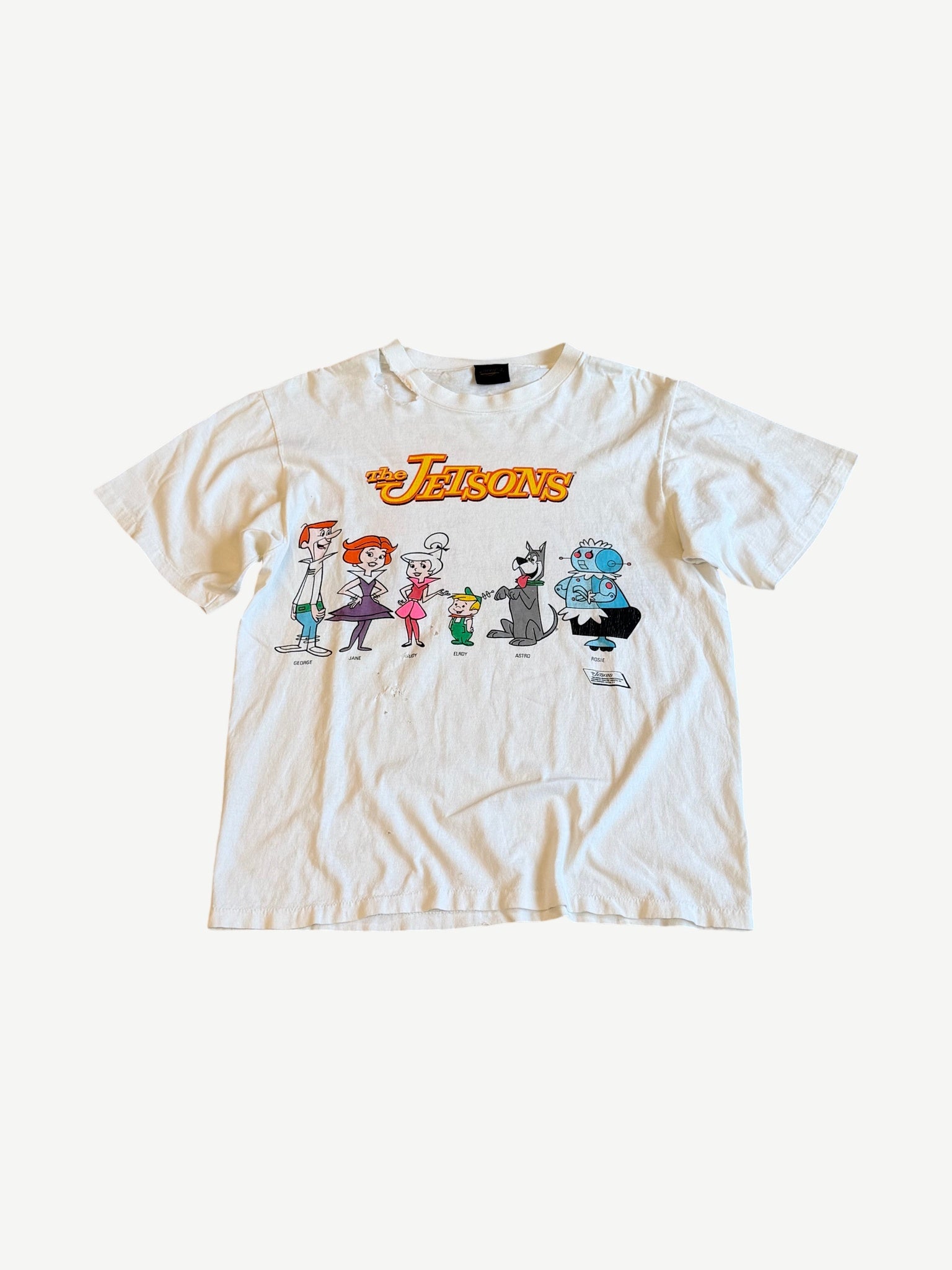 Vintage white The Jetsons tee with full family cartoon lineup including George, Jane, Judy, Elroy, Astro and Rosie