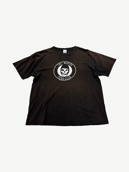 Vintage The Misfits Fiend Club tee front with white Crimson Ghost skull logo in oval on faded black cotton