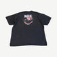 Vintage The Rock WWF tee back, faded black with red, white, blue THE ROCK flexing arm shield crest print.