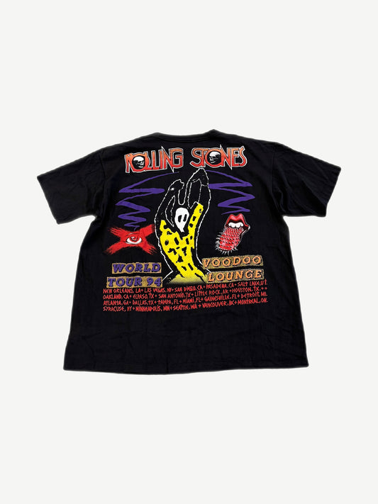 Back of vintage Rolling Stones Voodoo Lounge tour tee with 1994 world tour city list and yellow hand graphic.
