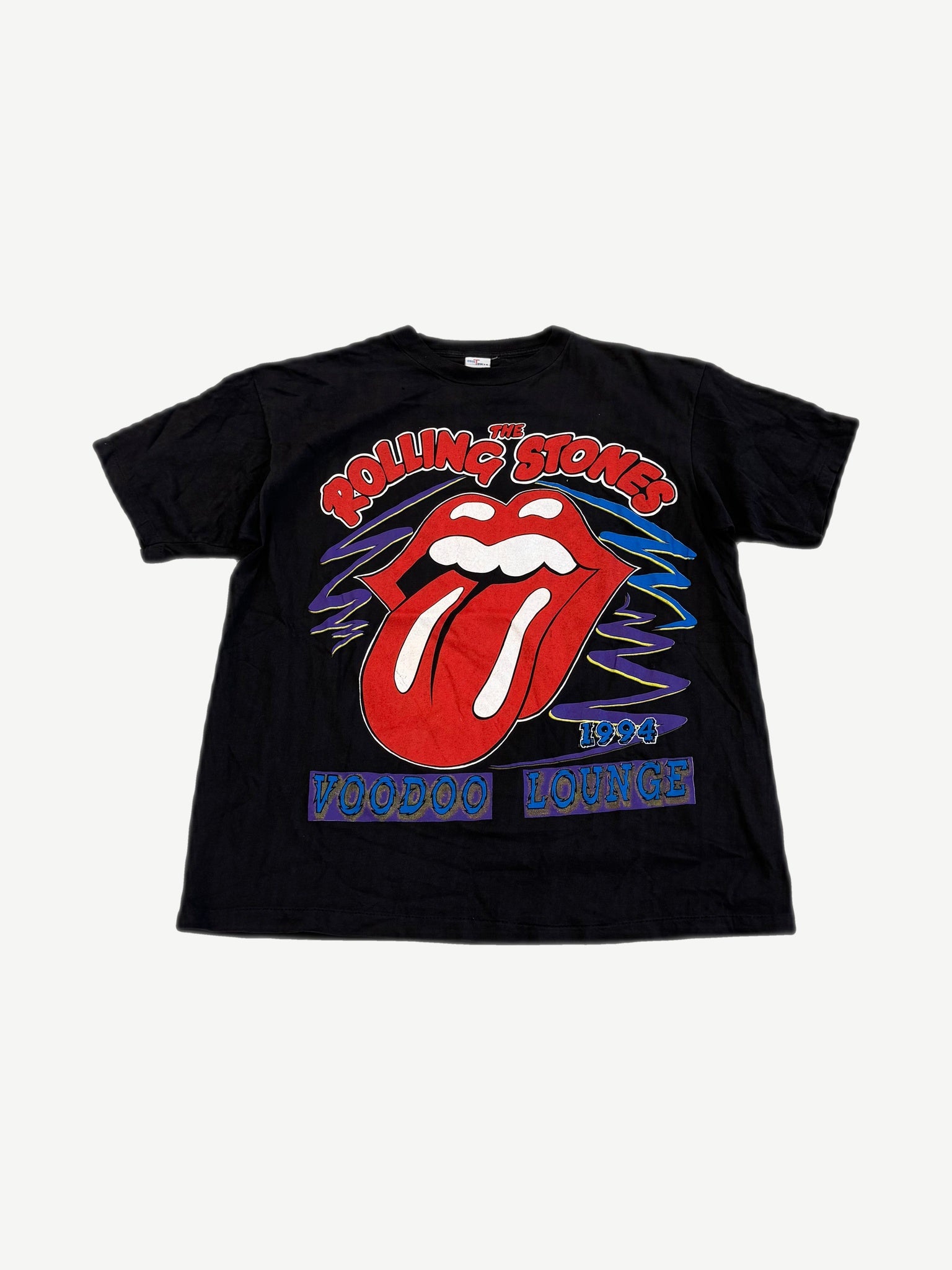 Vintage Rolling Stones 1994 Voodoo Lounge tour tee in black with classic red tongue logo printed at chest.