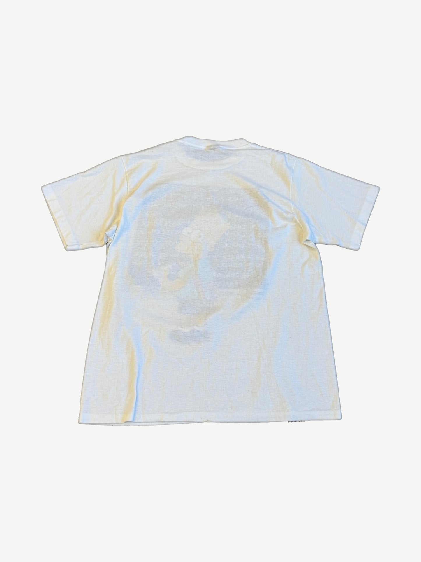 Back of vintage Simpsons white tee with print bleeding through and lightly stained vintage cotton wash