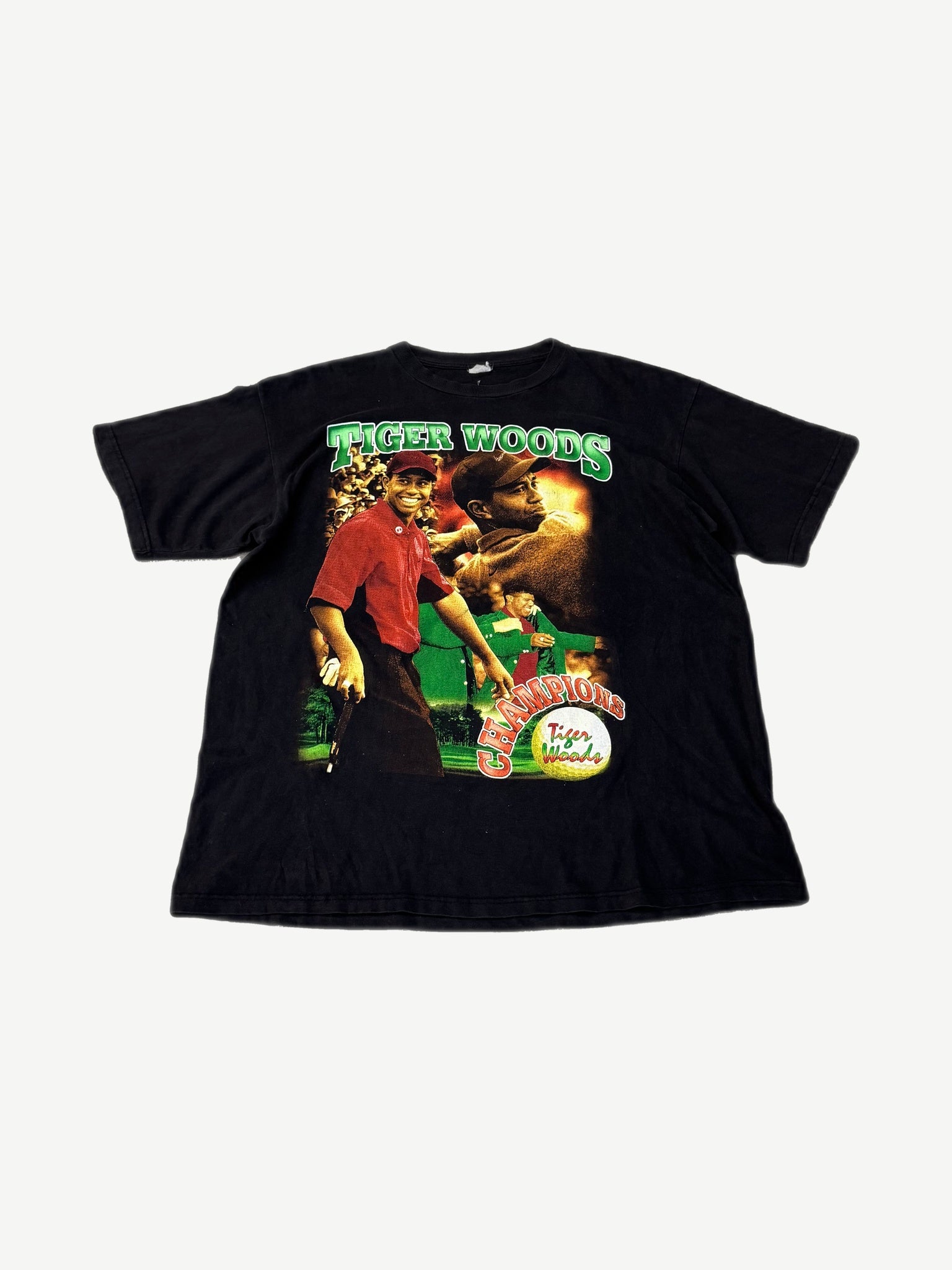 Vintage Tiger Woods rap tee black with bootleg golf champion photo collage print and red logo.