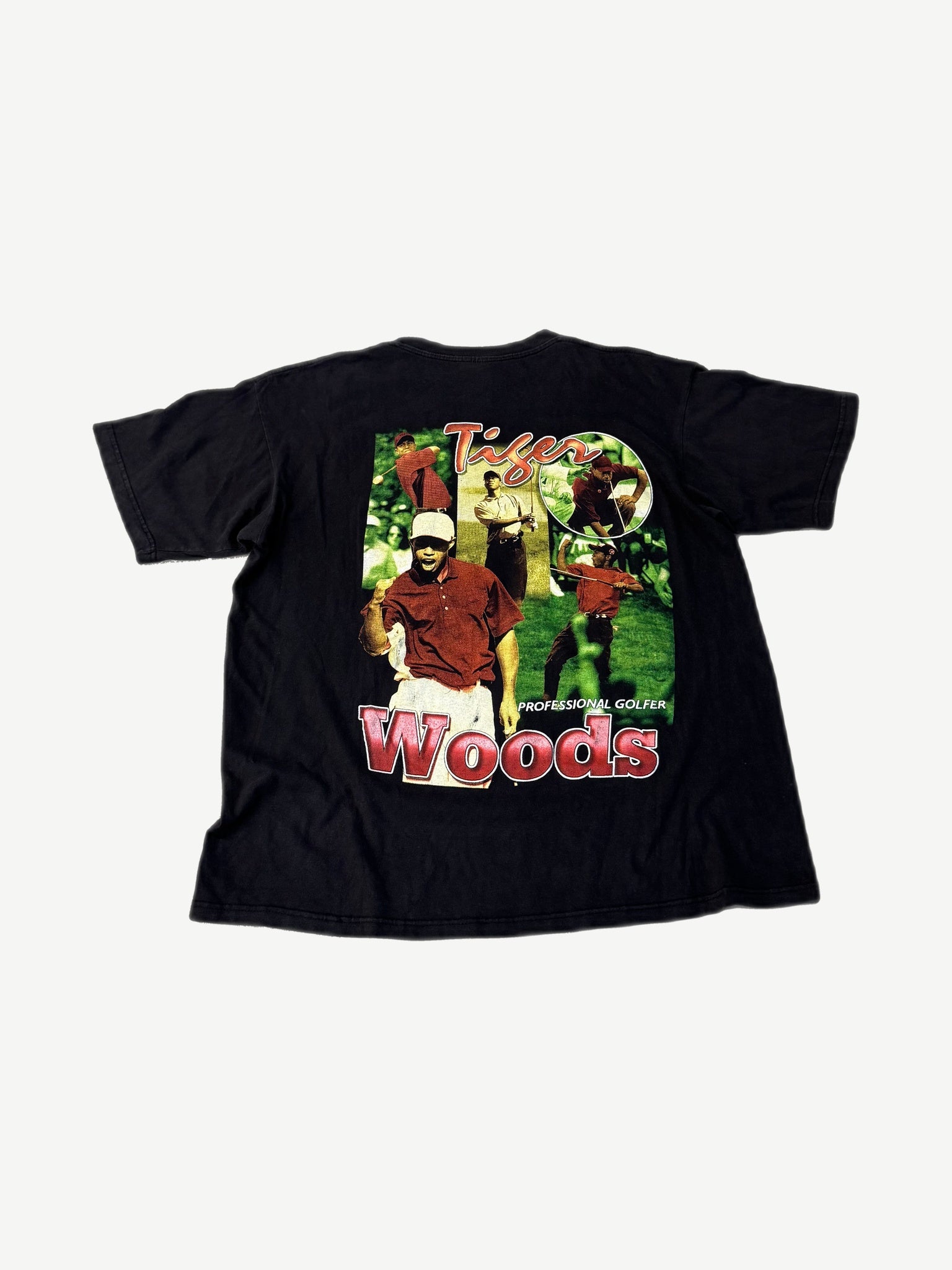 Vintage Tiger Woods rap tee black back with red Woods text and golfer collage Professional Golfer print.