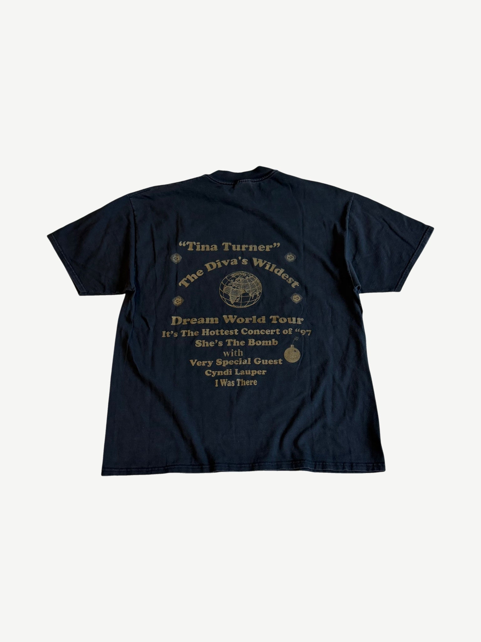 Vintage Tina Turner Wildest Dreams Tour tee back with gold globe graphic and Cyndi Lauper guest tour text