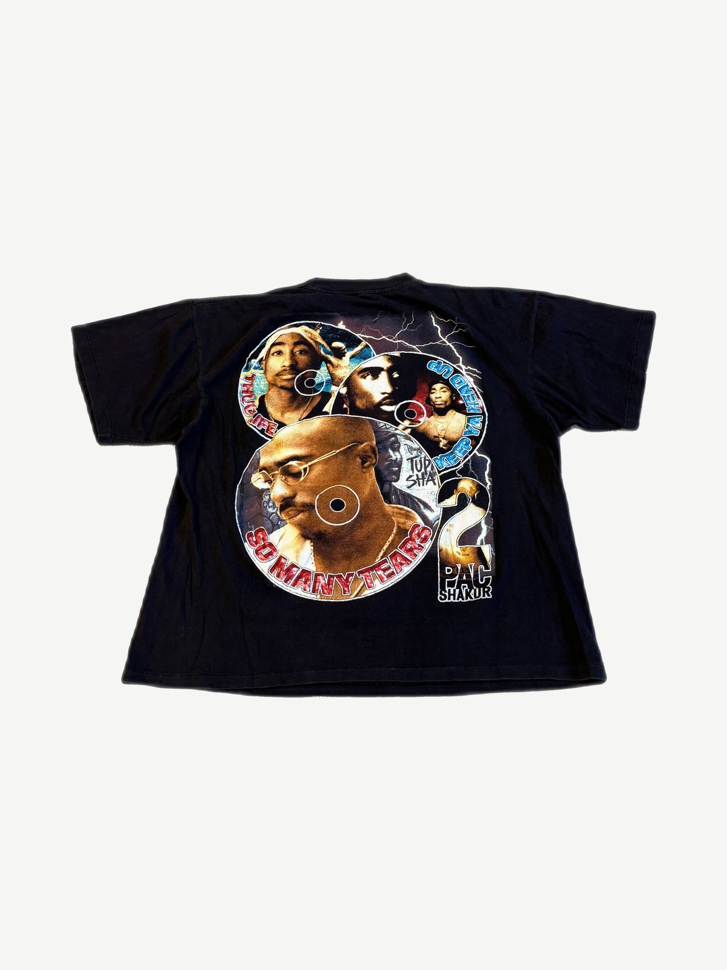 Vintage Tupac So Many Tearz rap tee back with circular Tupac collage and lightning bolt graphics.