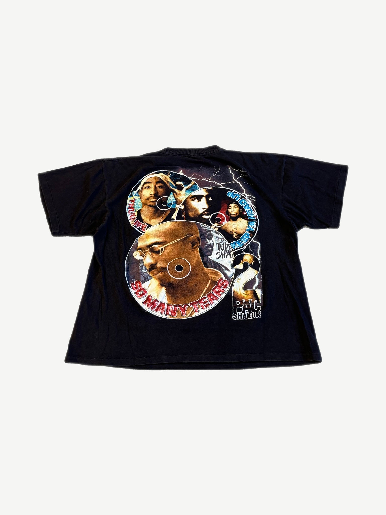 Vintage Tupac So Many Tearz rap tee back with circular Tupac collage and lightning bolt graphics.