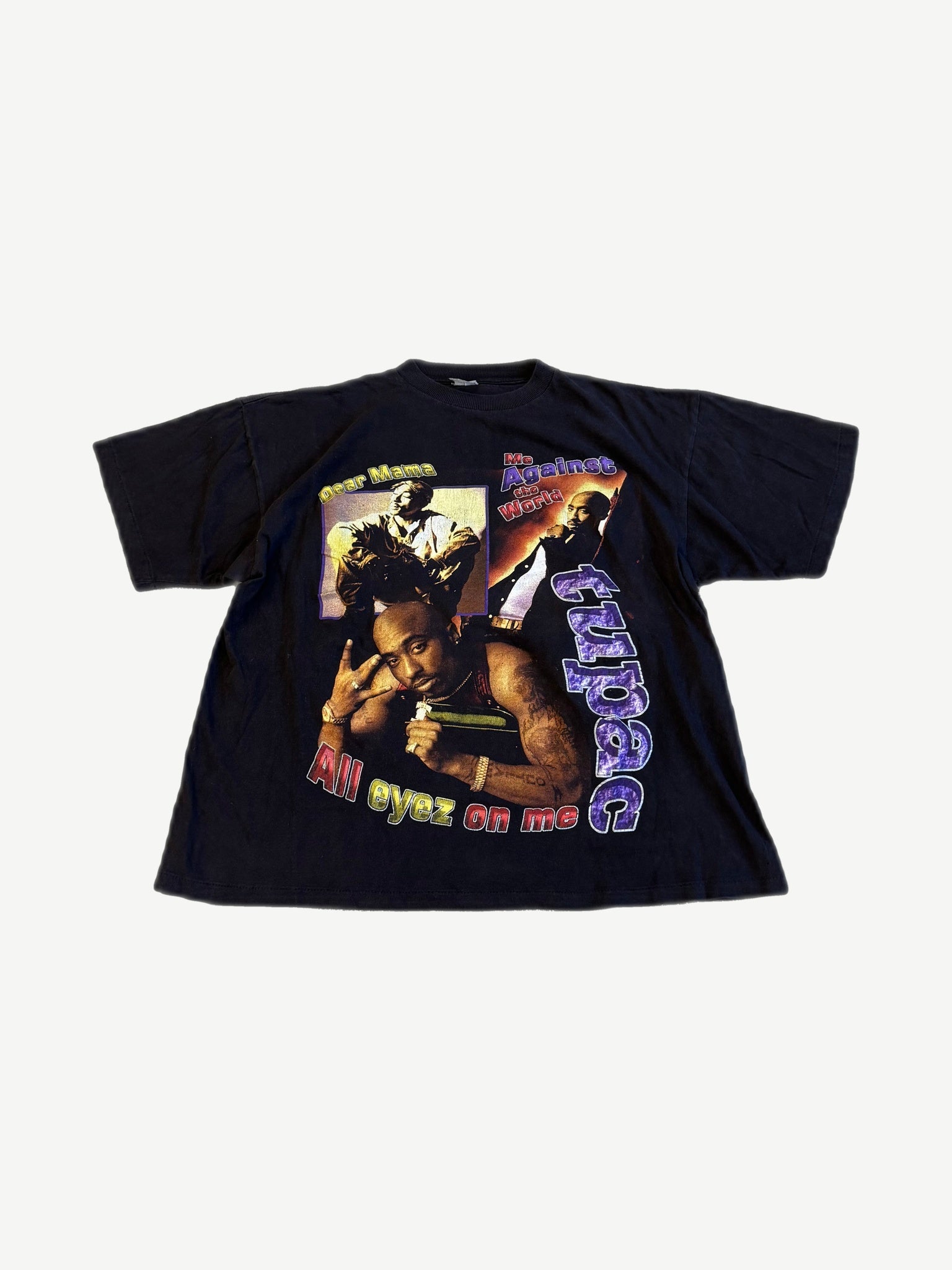 Vintage Tupac Shakur black rap tee front with All Eyez on Me photo collage and purple chrome text.