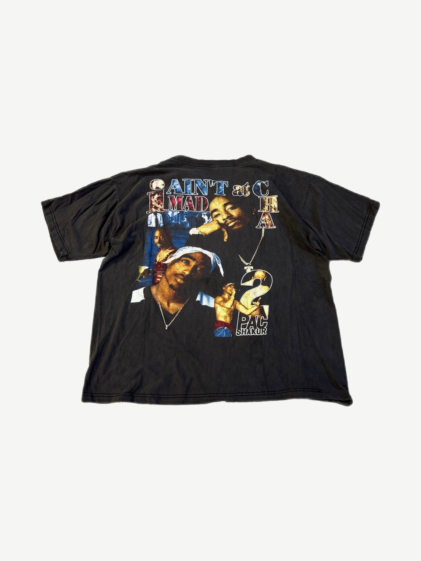 Vintage Tupac Shakur rap tee back with I Ain't Mad At Cha portrait collage and 2Pac chain graphic
