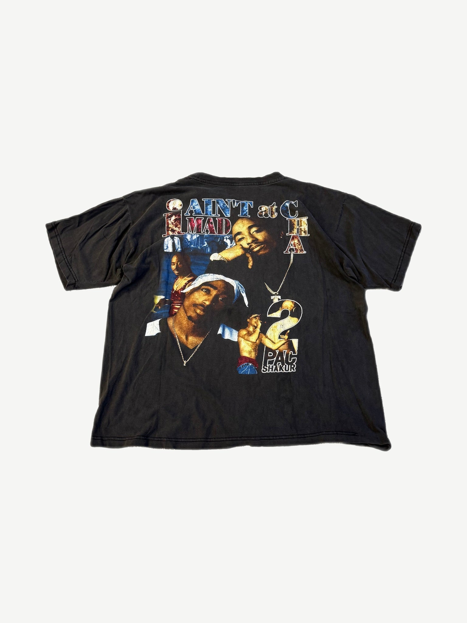 Vintage Tupac Shakur rap tee back with I Ain't Mad At Cha portrait collage and 2Pac chain graphic