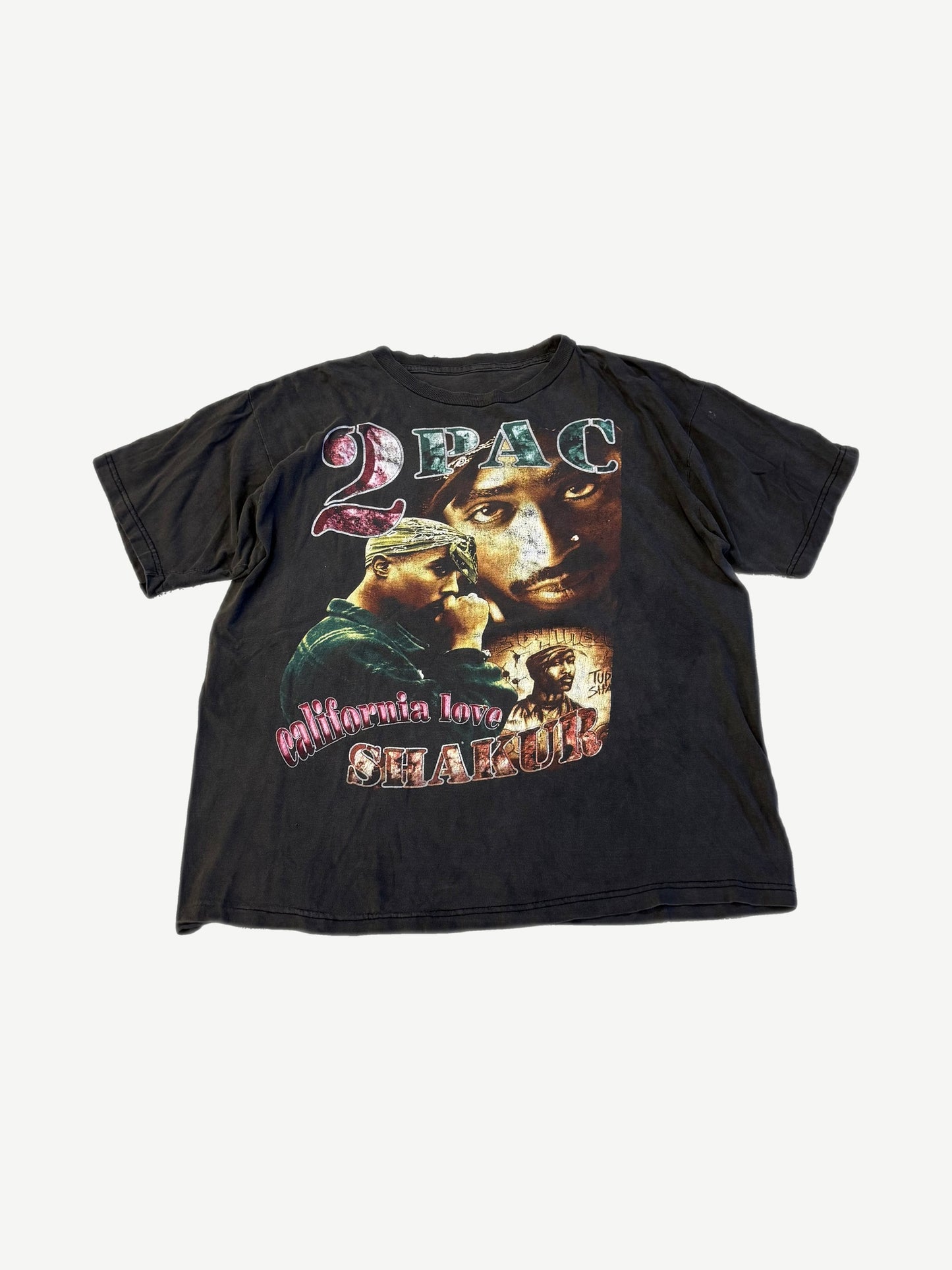 Vintage Tupac Shakur faded black rap tee front with multi-photo collage and California Love bandana print