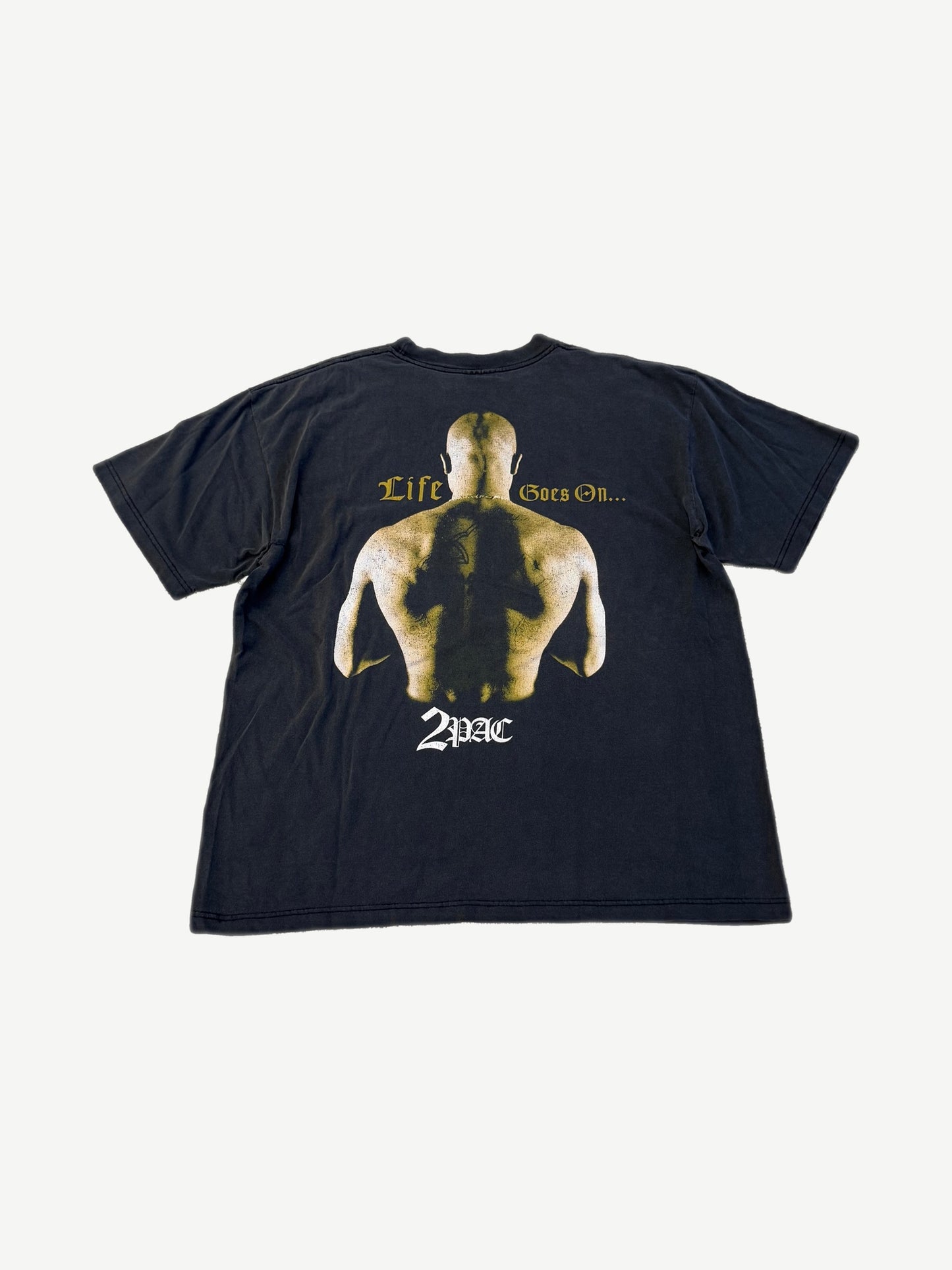 Vintage 2Pac Life Goes On tee back with photo of Tupac's back and gold gothic script text