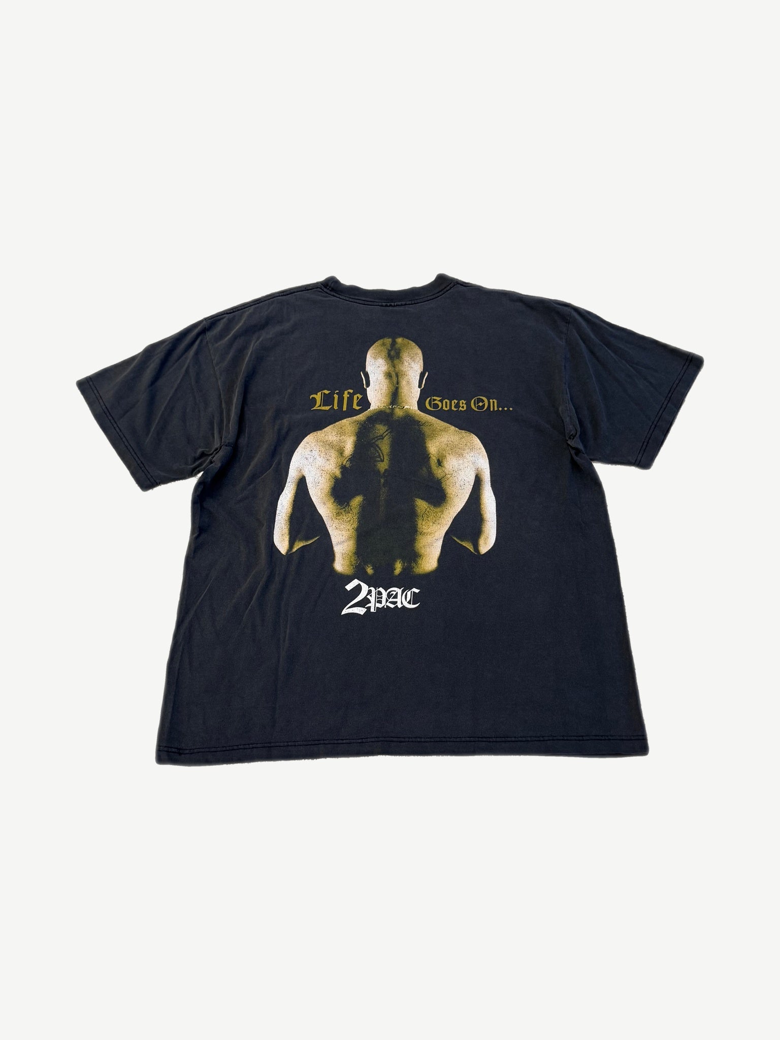 Vintage 2Pac Life Goes On tee back with photo of Tupac's back and gold gothic script text