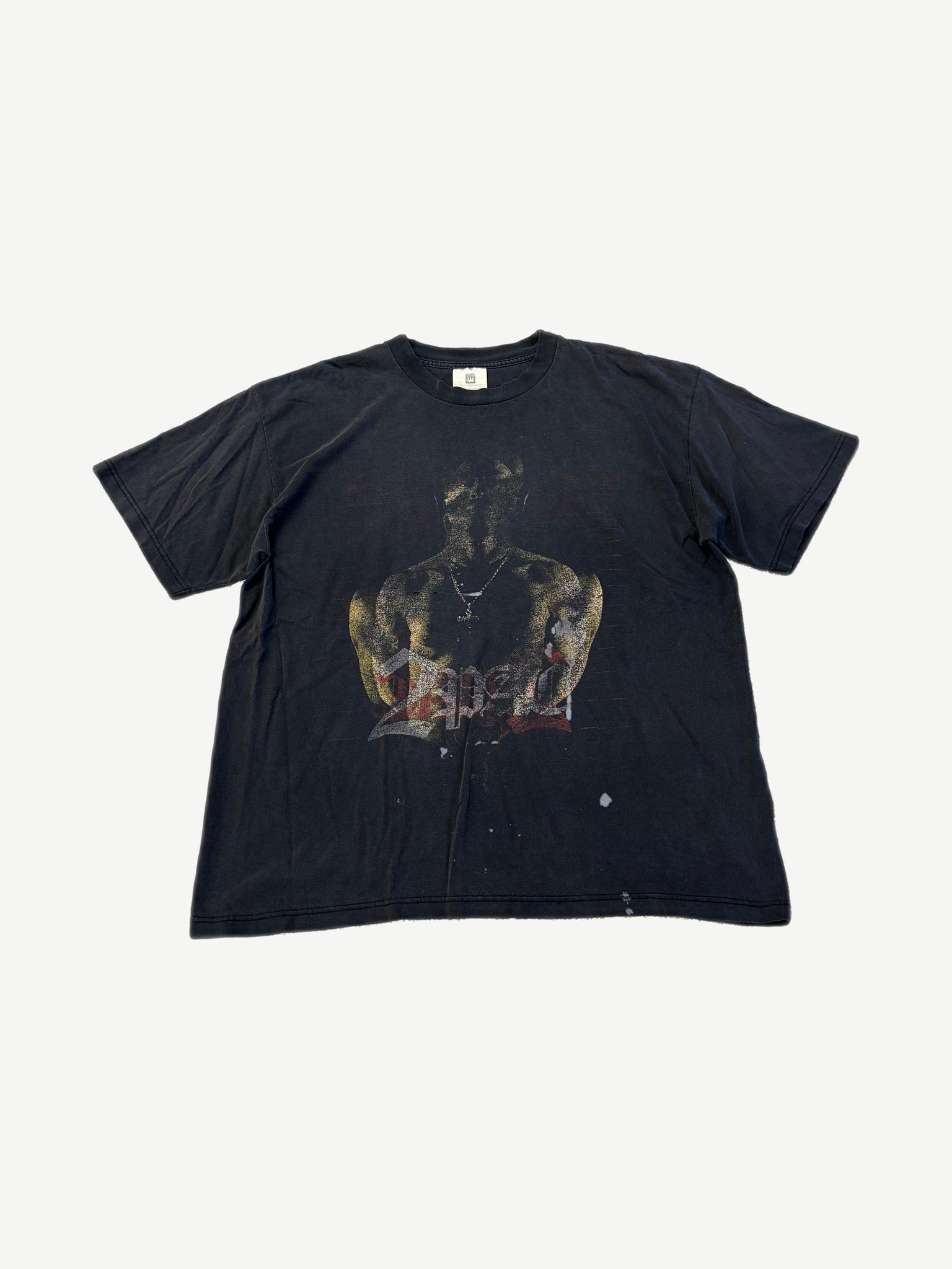 Vintage Tupac Shakur black rap tee front with shirtless 2Pac portrait and gothic logo text