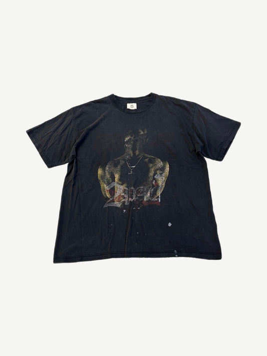 Vintage Tupac Shakur black rap tee front with shirtless 2Pac portrait and gothic logo text