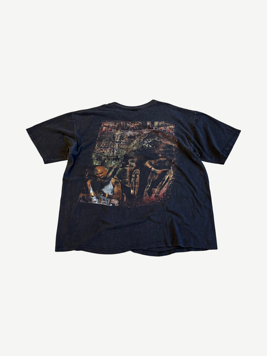 Vintage Tupac Thug Life RIP rap tee back view with Thug Life memorial collage graphic in black.