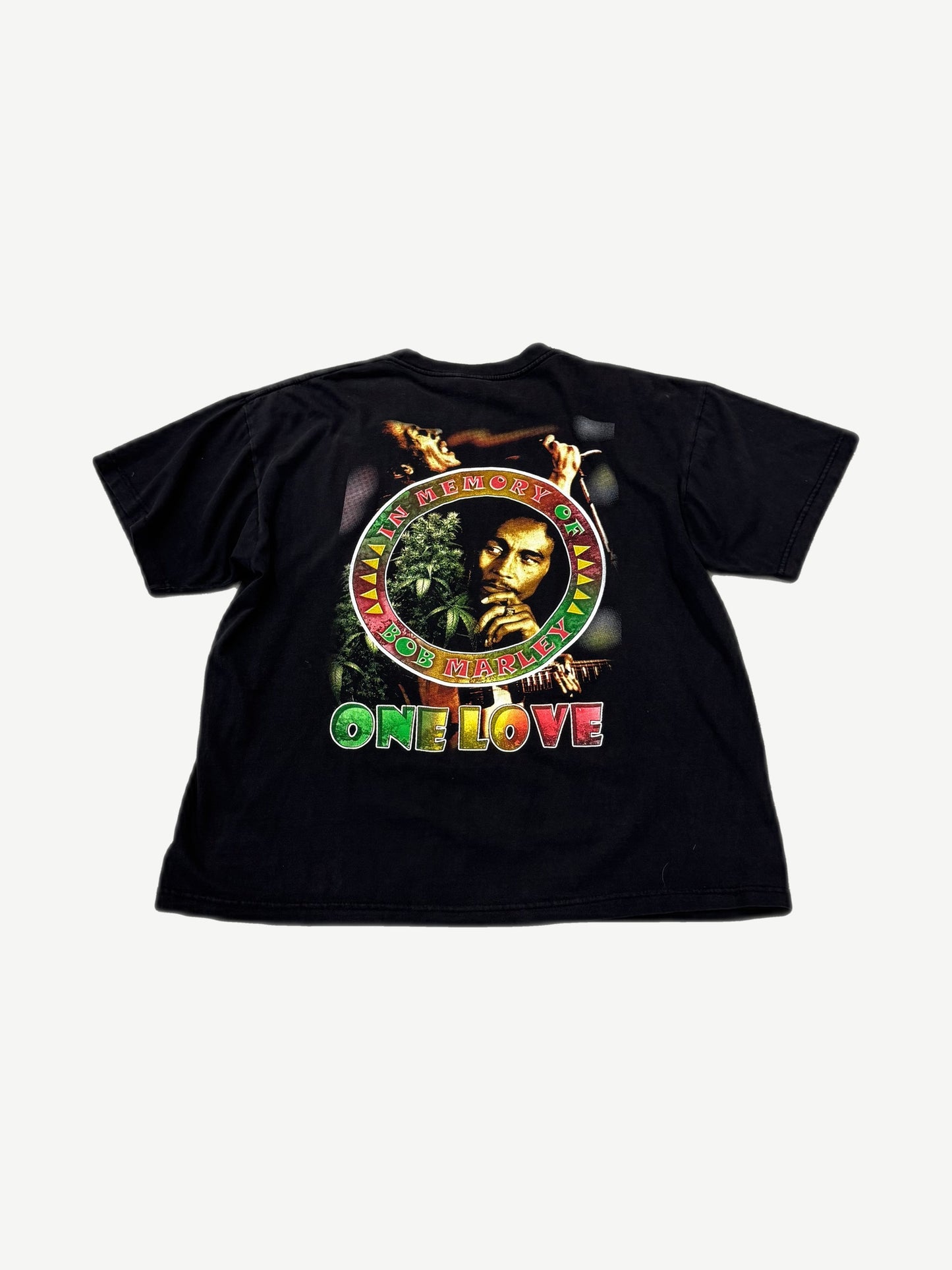 Vintage Bob Marley Wake Up and Live tee back view in faded black with smaller commemorative back print