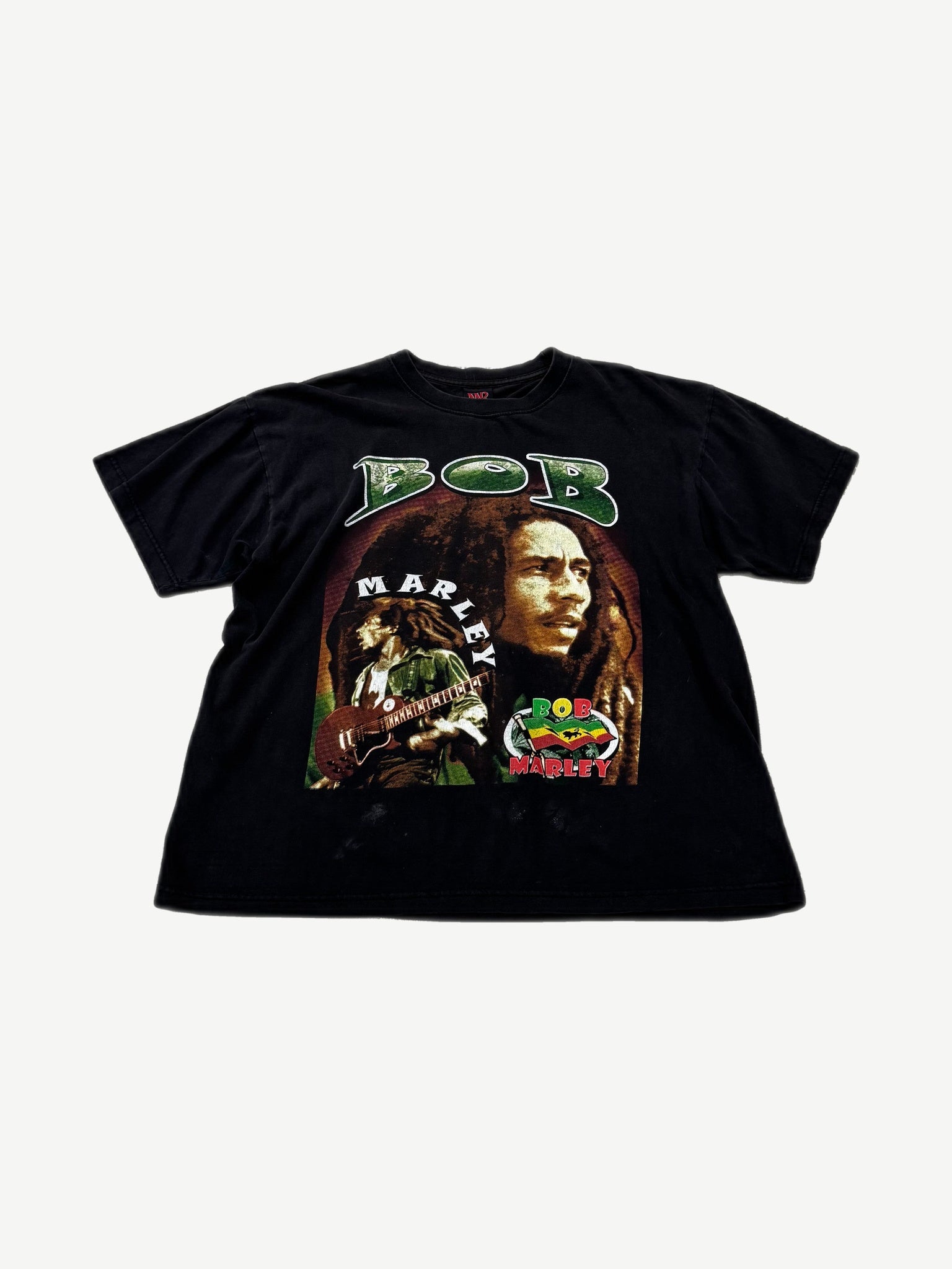 Vintage Bob Marley Wake Up and Live tee in black with portrait graphic and red yellow green print
