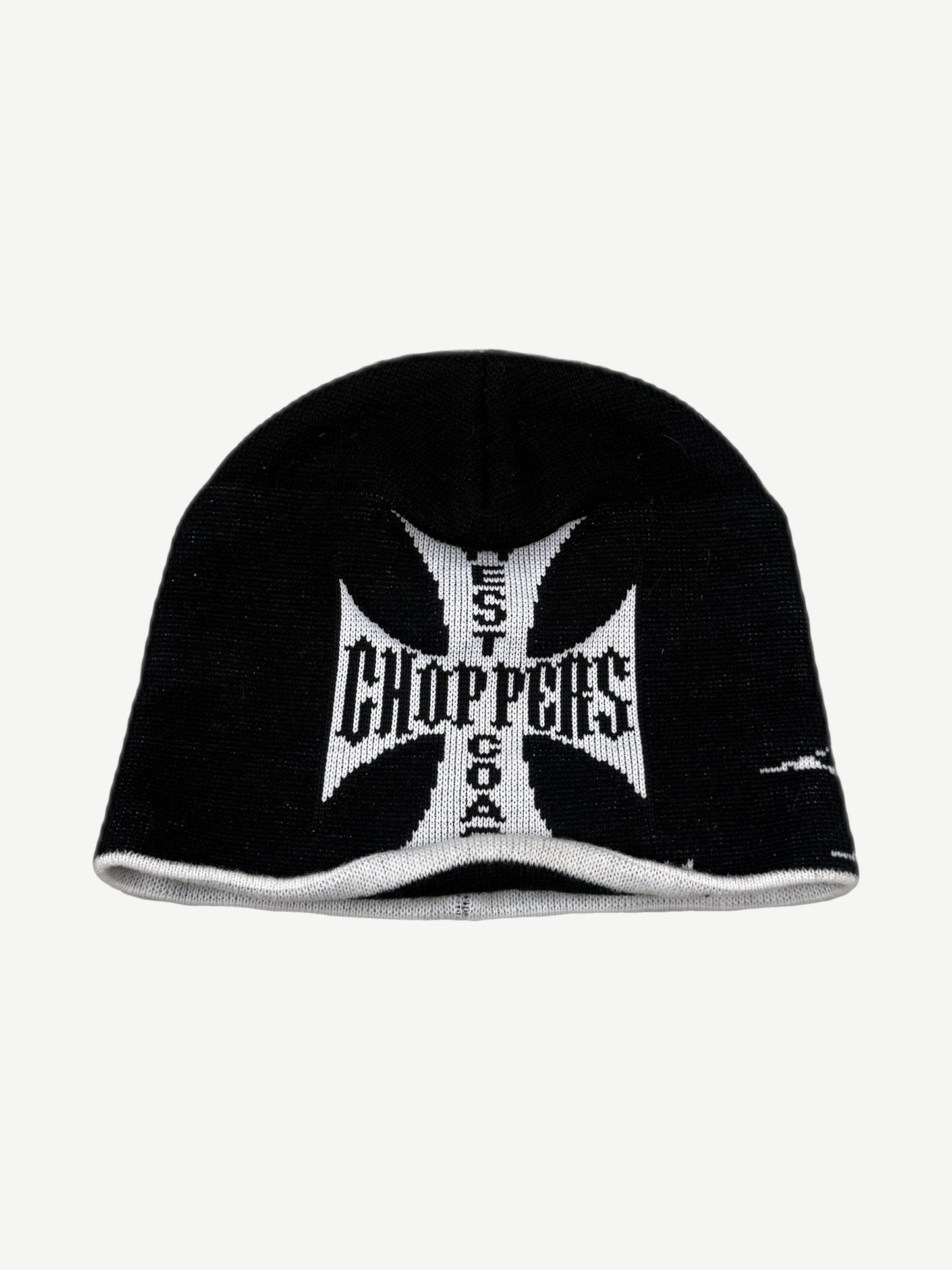 Vintage West Coast Choppers black ribbed beanie with white embroidered iron cross logo on cuff.