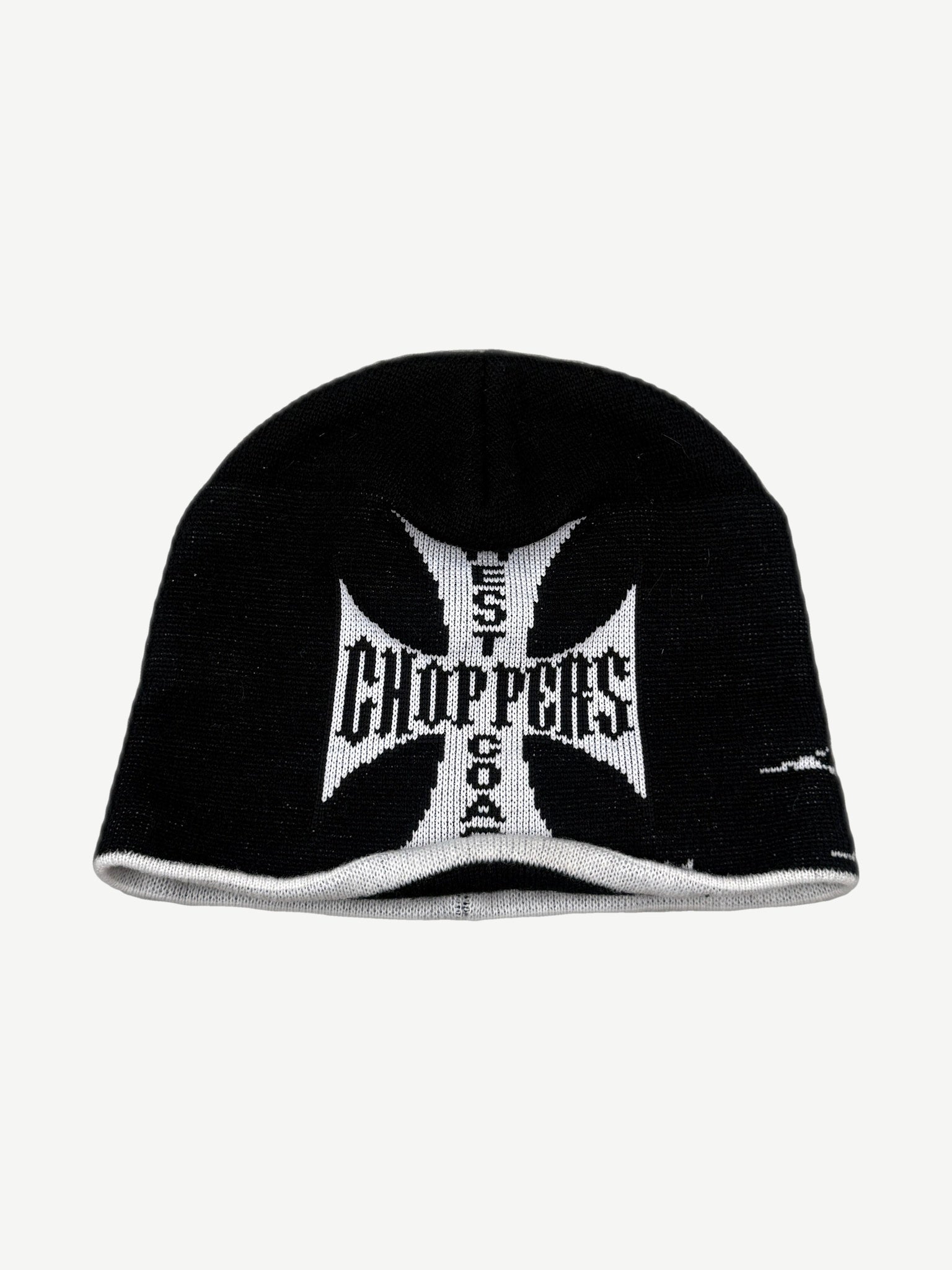 Vintage West Coast Choppers black ribbed beanie with white embroidered iron cross logo on cuff.