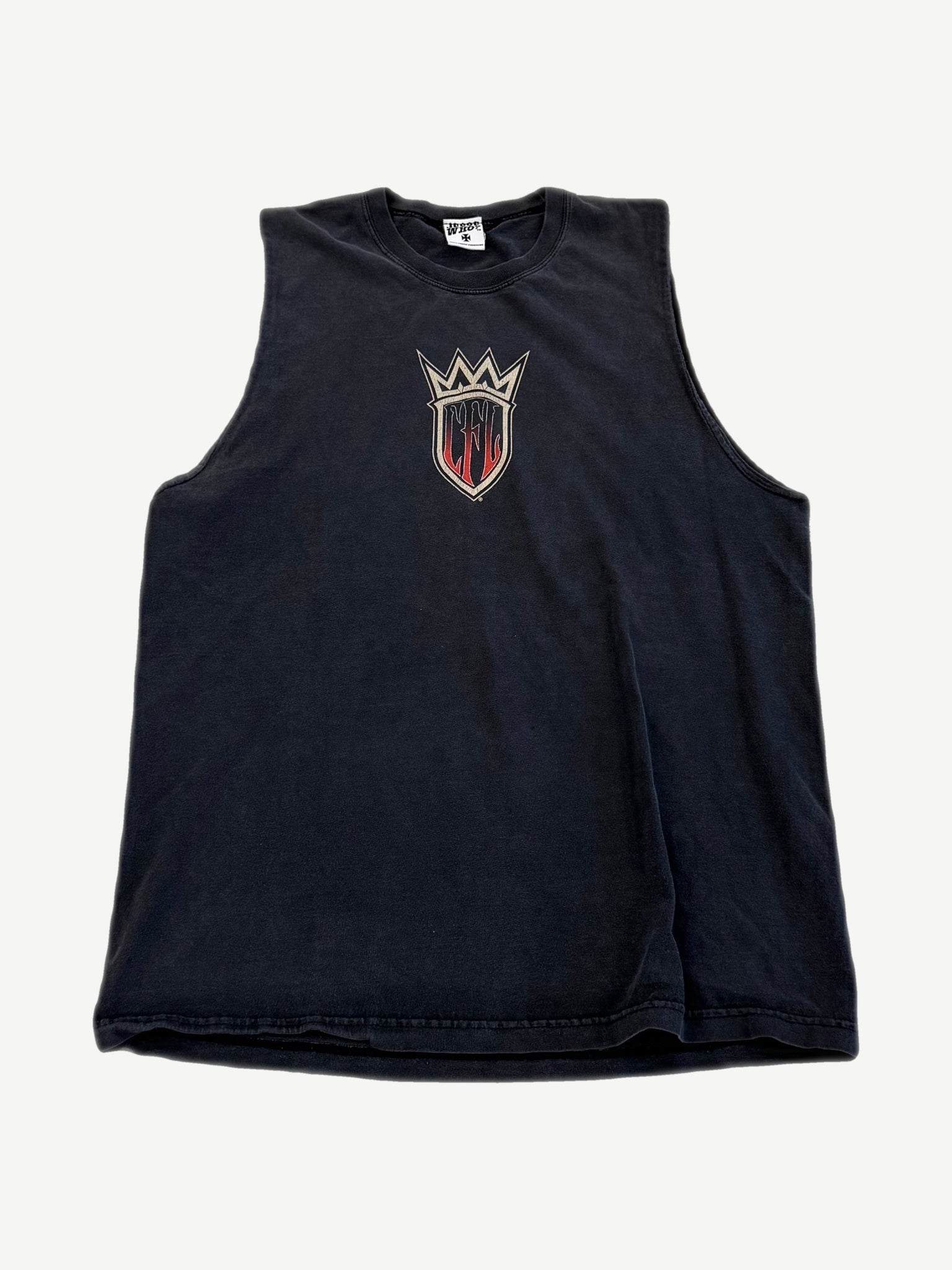Vintage West Coast Choppers black sleeveless cutoff tee with CFL crown shield logo chest print