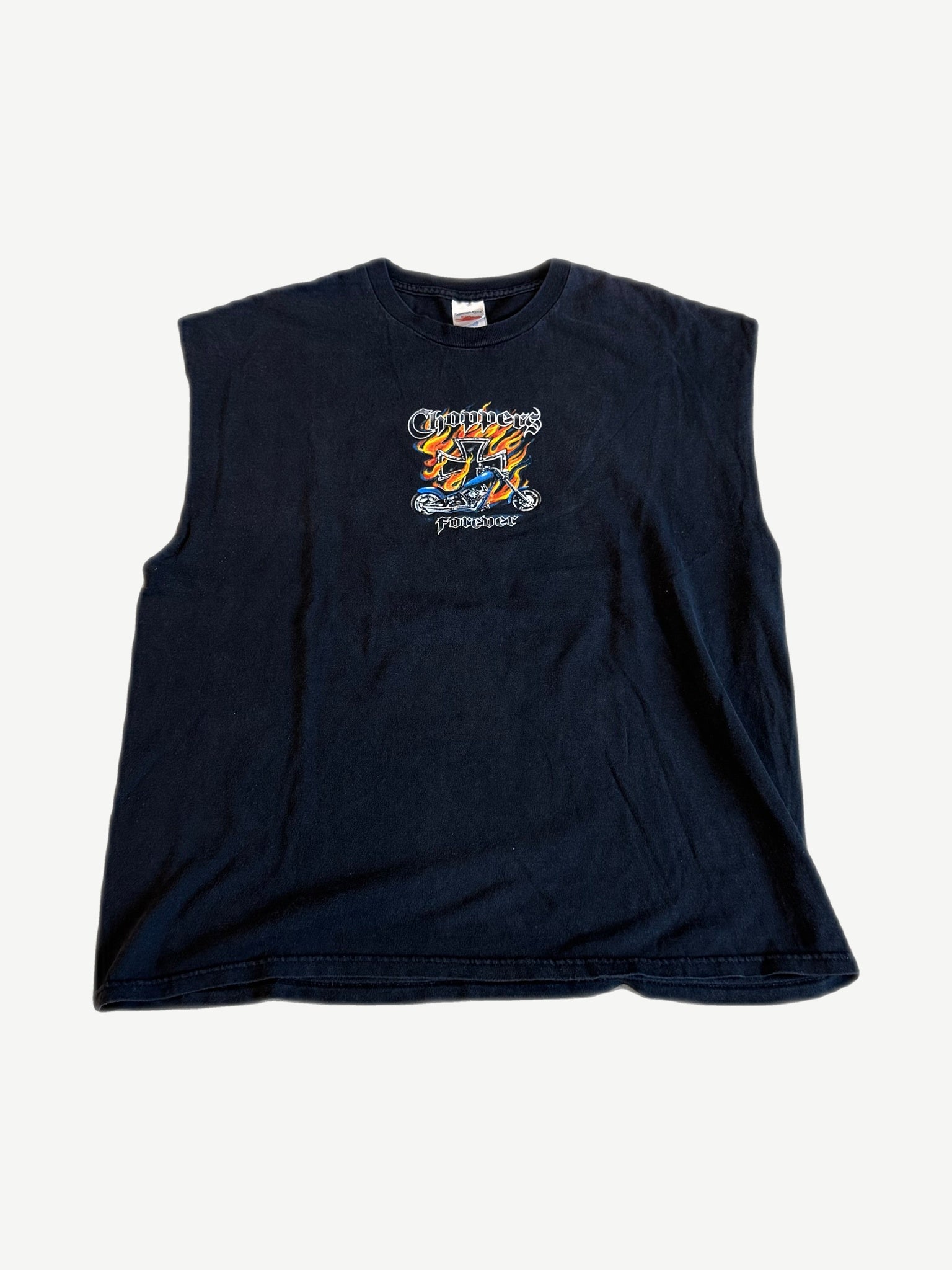 Vintage West Coast Choppers Forever cutoff tee front view in black with iron cross and biker graphic print