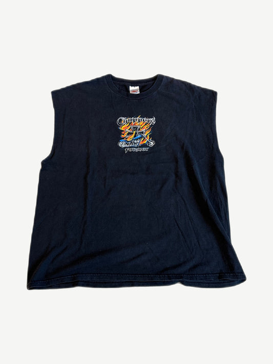 Vintage West Coast Choppers Forever cutoff tee front view in black with iron cross and biker graphic print