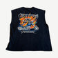 Vintage West Coast Choppers cutoff tee back view in distressed black with chopper graphic and raw cut sleeves