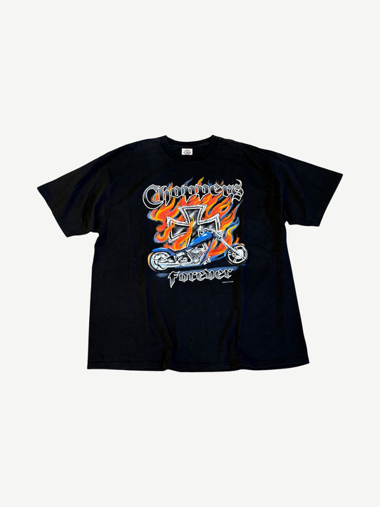 Vintage West Coast Choppers black tee front with Choppers Forever motorcycle and orange flame graphic.