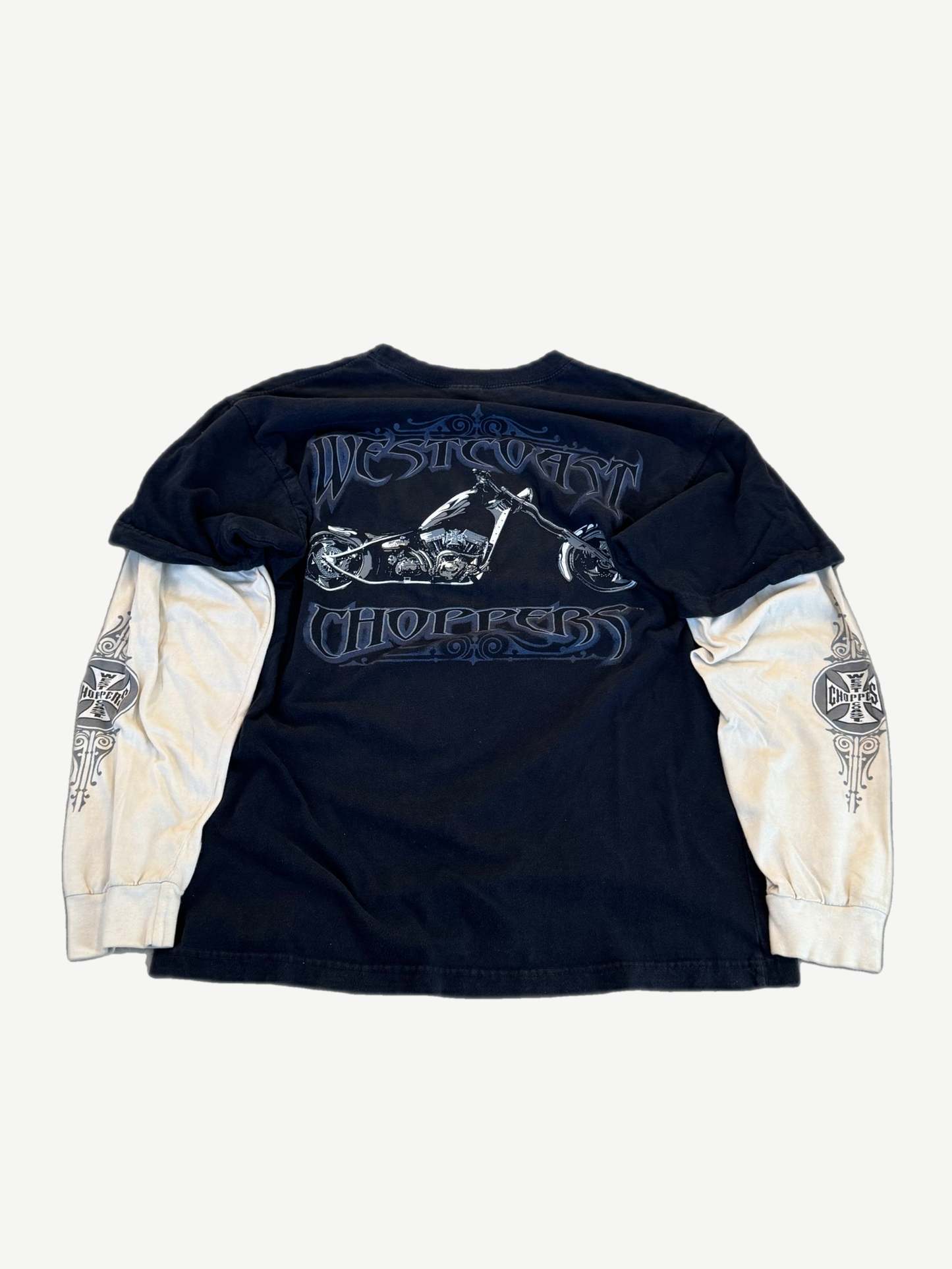 Vintage West Coast Choppers black double-layered longsleeve with white iron cross logo at chest