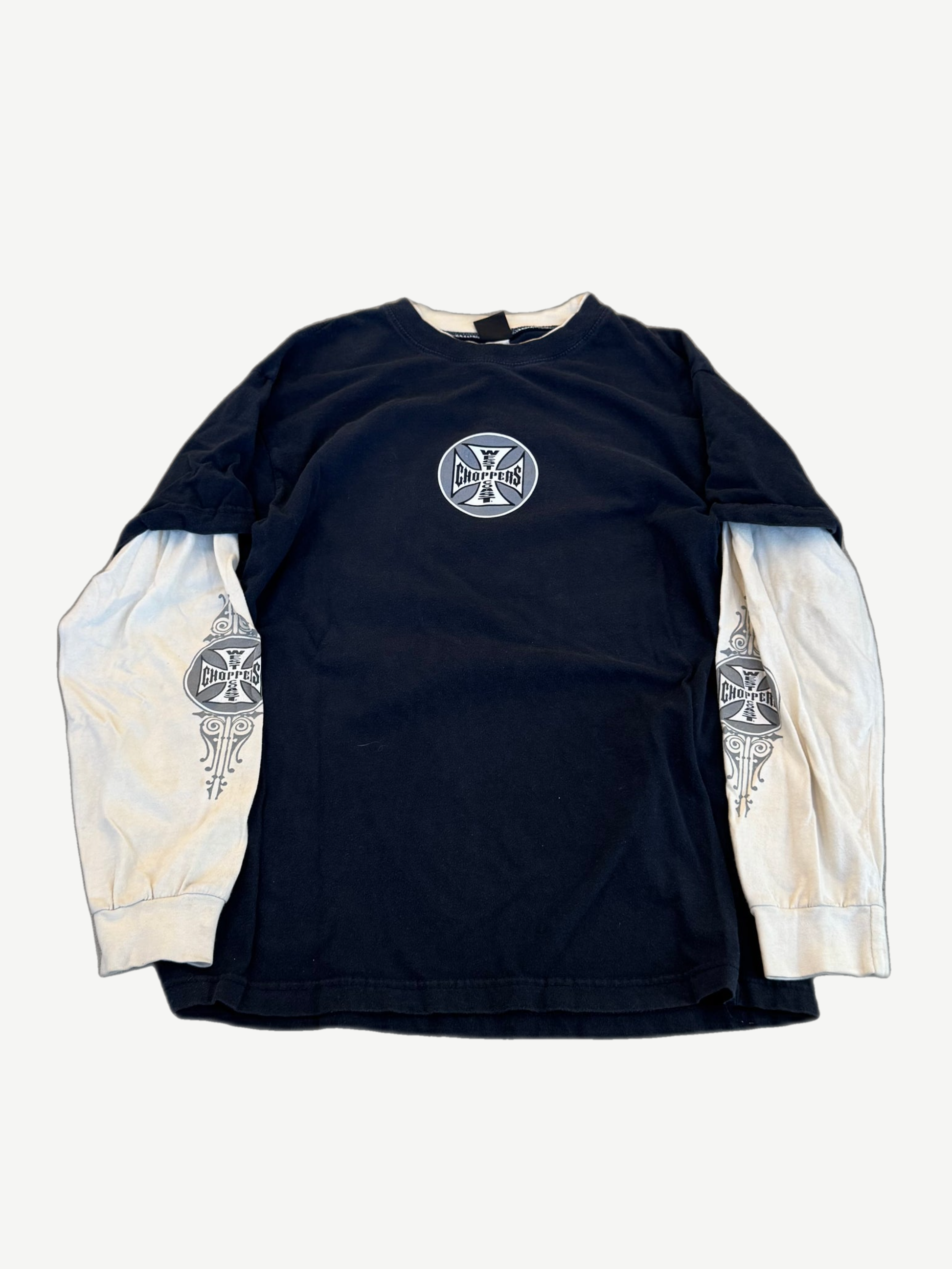 West Coast Choppers black longsleeve tee, back view with large iron cross logo print on back