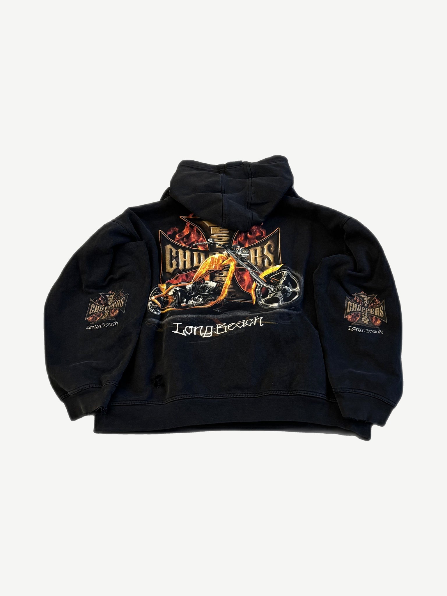 Vintage West Coast Choppers hoodie back, flame chopper motorcycle graphic and Long Beach script