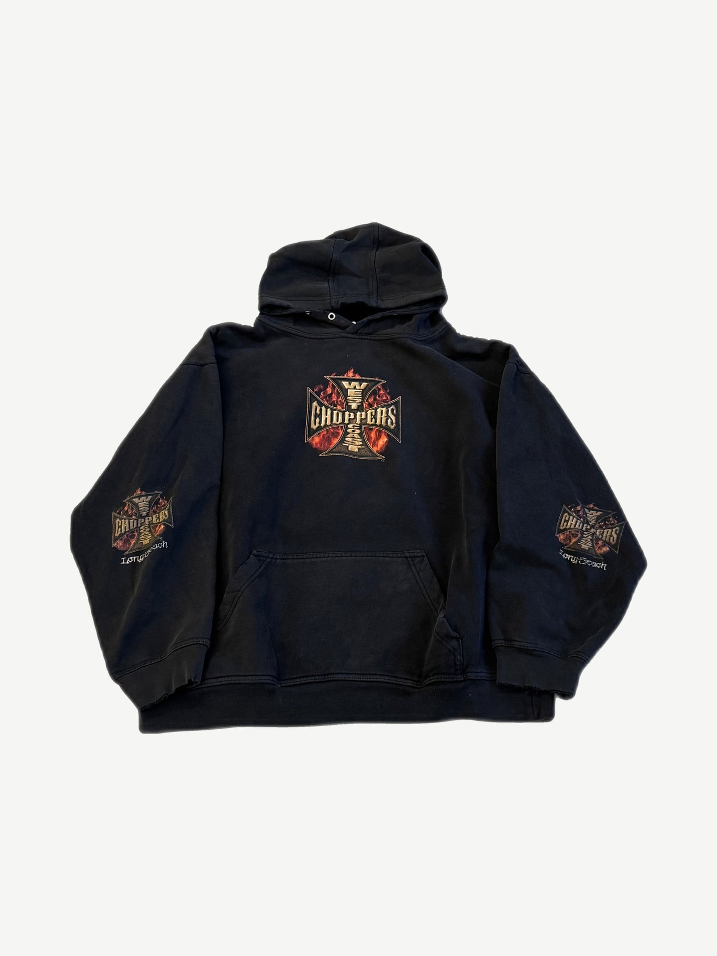 Vintage West Coast Choppers flame hoodie front, black pullover with iron cross flame chest print