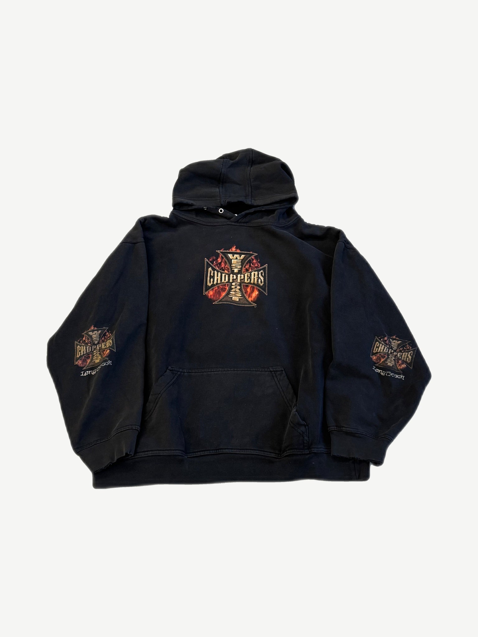 Vintage West Coast Choppers flame hoodie front, black pullover with iron cross flame chest print