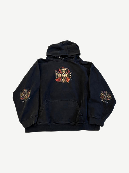 Vintage West Coast Choppers flame hoodie front, black pullover with iron cross flame chest print
