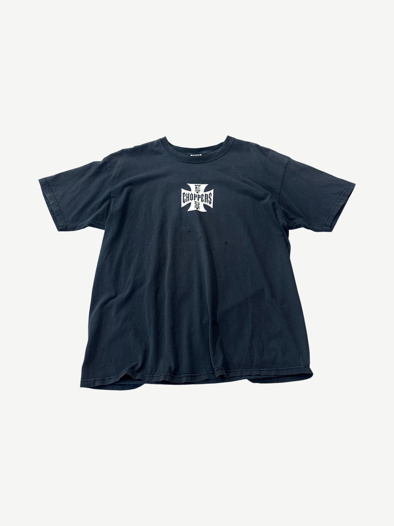 Vintage West Coast Choppers faded black tee with small white iron cross Choppers logo on chest.