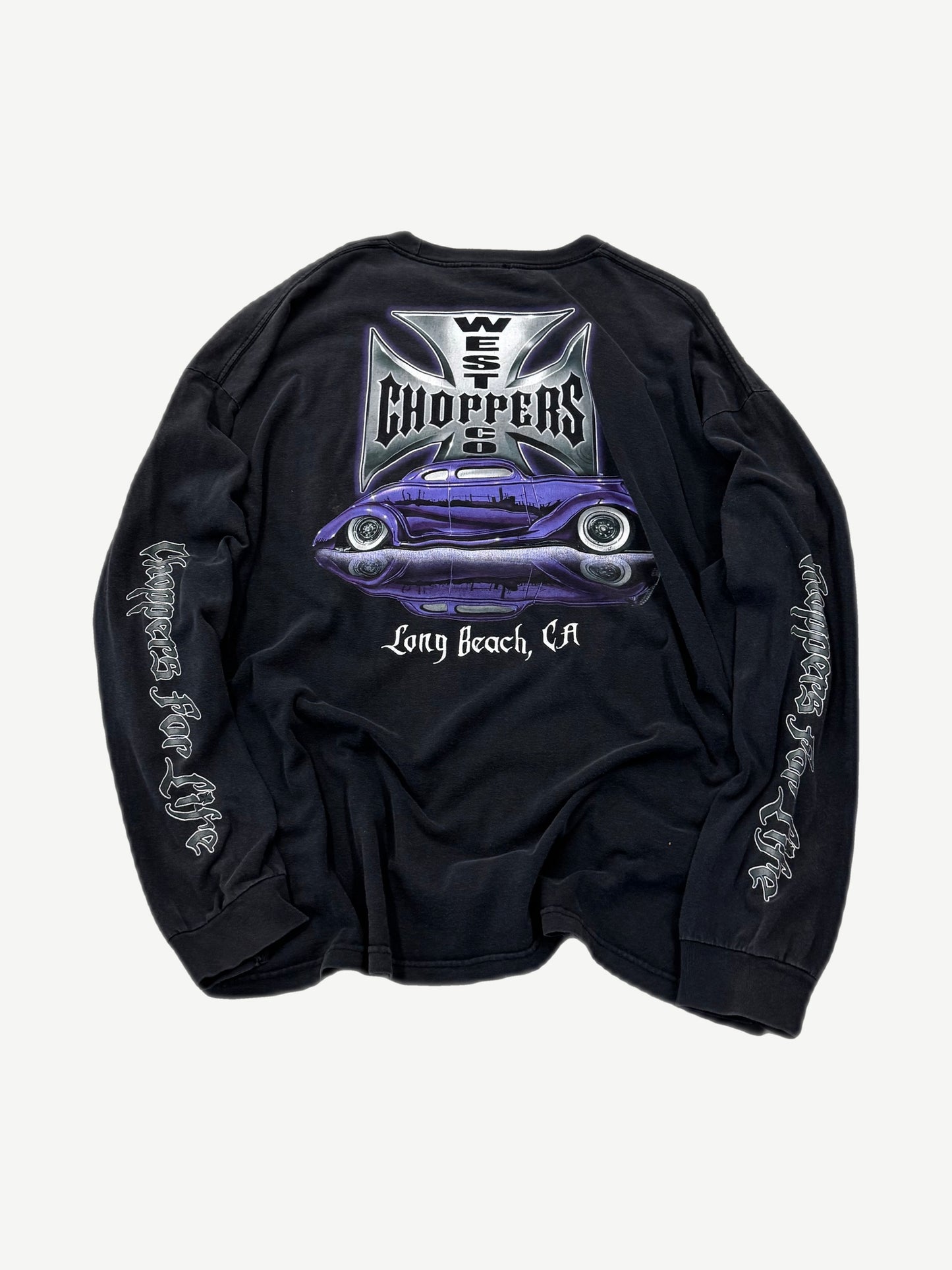 West Coast Choppers longsleeve back graphic of purple low rider car under chrome cross and Long Beach script.