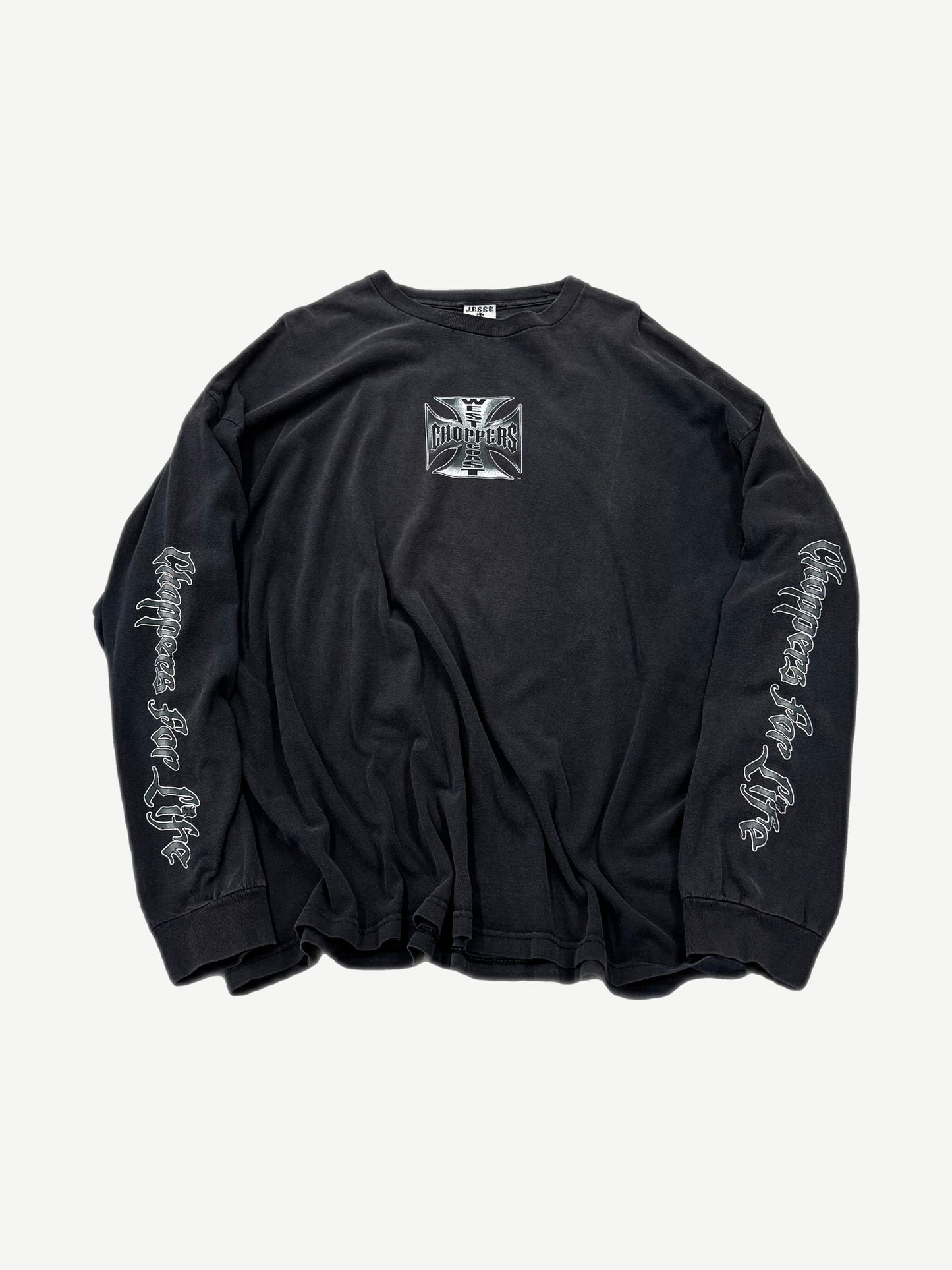 Vintage West Coast Choppers black longsleeve front with chrome iron cross logo and Choppers For Life sleeves.