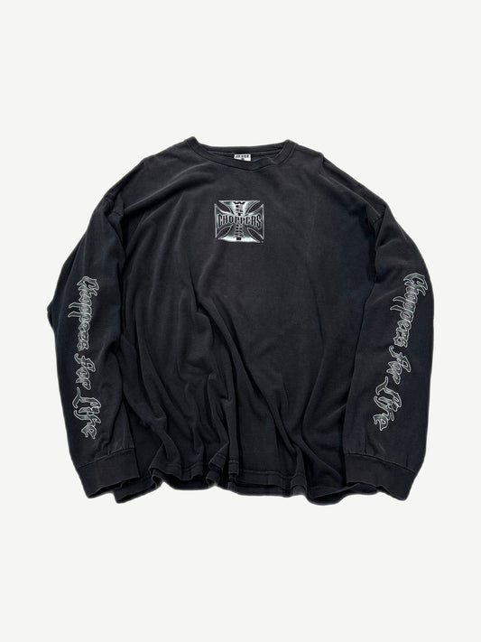 Vintage West Coast Choppers black longsleeve front with chrome iron cross logo and Choppers For Life sleeves.