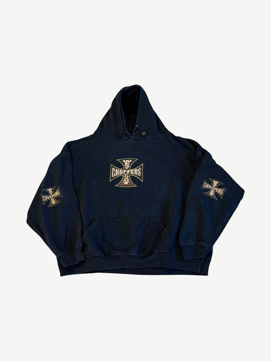 Vintage West Coast Choppers black hoodie front with iron cross Choppers logo on chest and sleeves