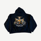 Vintage West Coast Choppers black hoodie back with orange chopper motorcycle and Long Beach script graphic