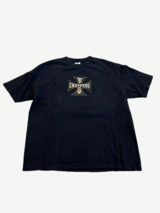 Vintage West Coast Choppers black tee front with gold and tan iron cross Choppers center logo
