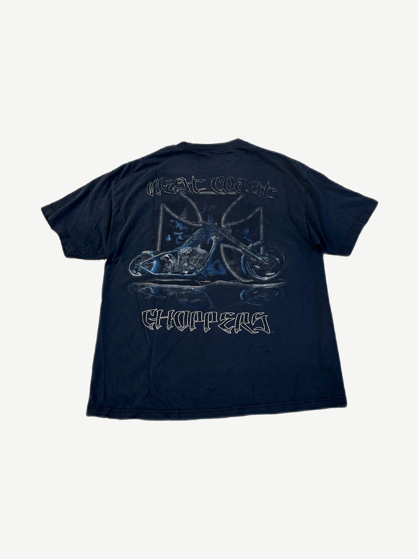 Vintage WCC navy motorcycle tee back, large chopper bike inside Maltese cross with gothic West Coast Choppers.