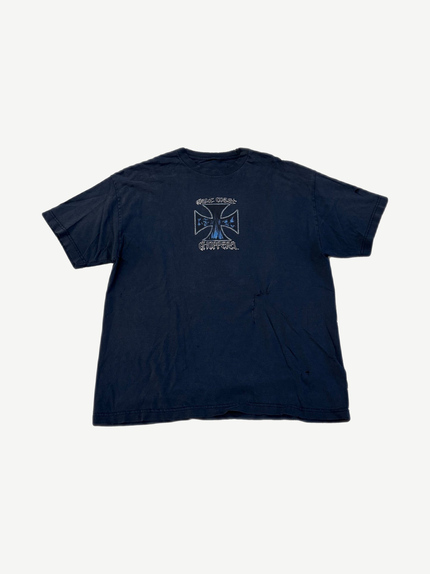 Vintage West Coast Choppers navy tee, faded distressed cotton with small WCC Maltese cross chest logo.