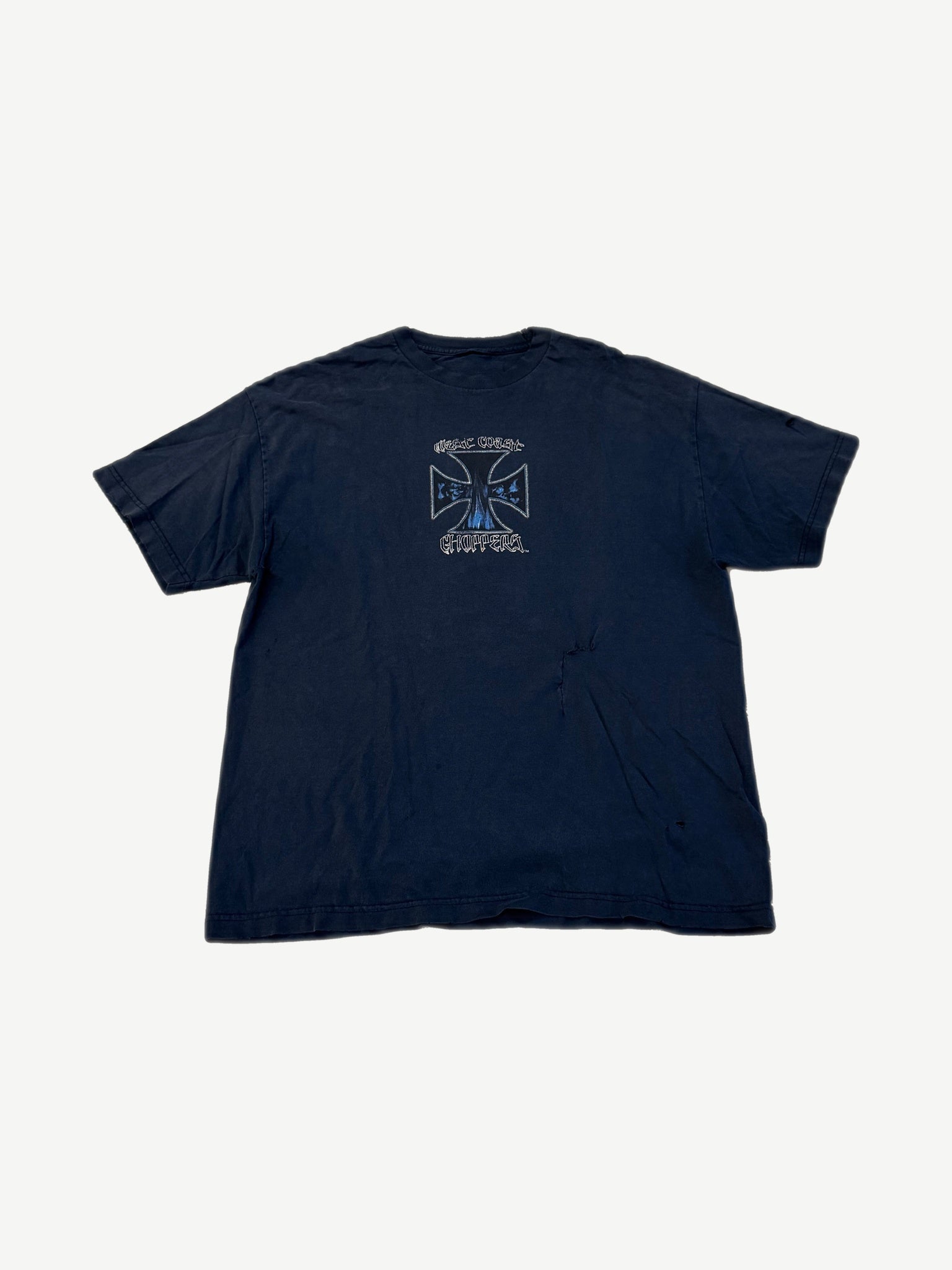 Vintage West Coast Choppers navy tee, faded distressed cotton with small WCC Maltese cross chest logo.