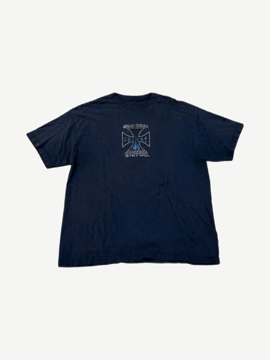 Vintage West Coast Choppers navy tee, faded distressed cotton with small WCC Maltese cross chest logo.