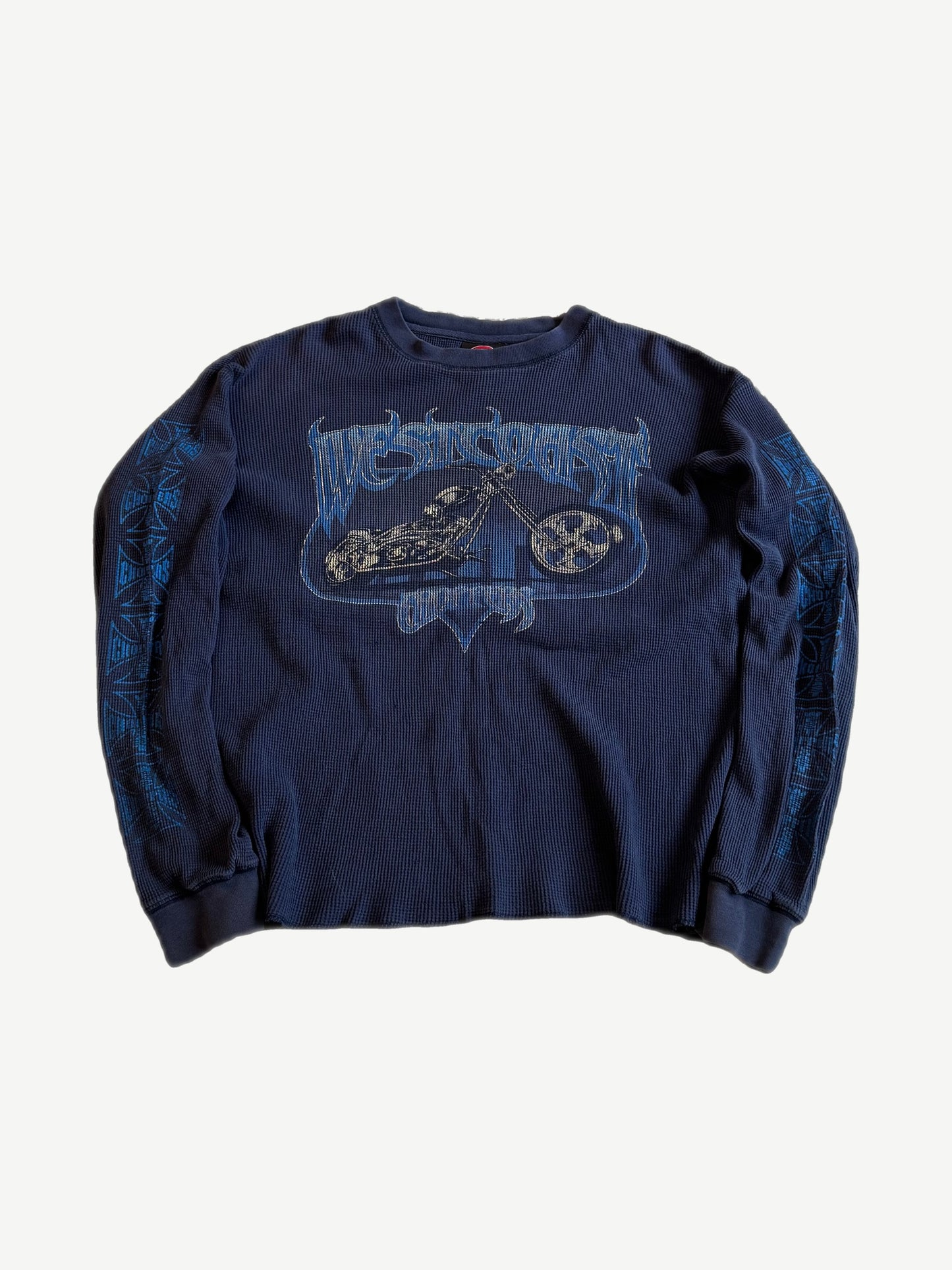 Vintage West Coast Choppers navy waffle thermal longsleeve front with chopper bike graphic and blue sleeve prints