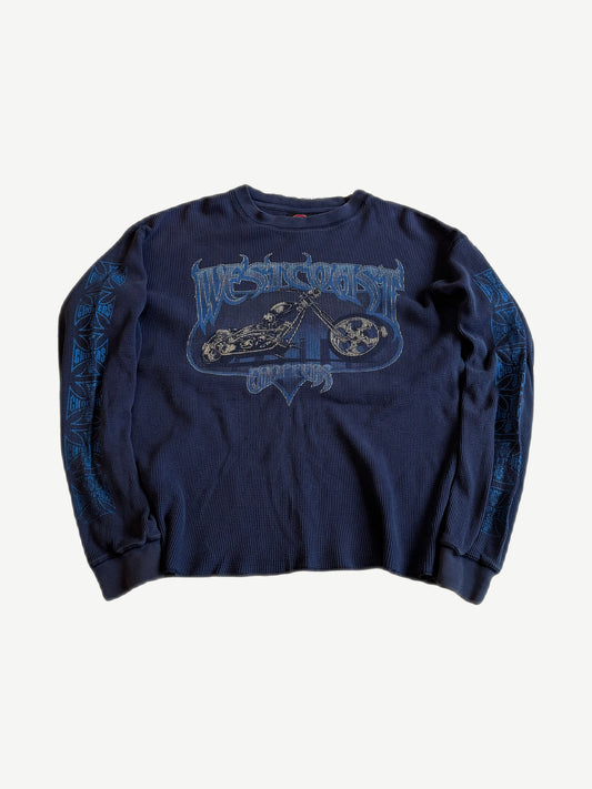 Vintage West Coast Choppers navy waffle thermal longsleeve front with chopper bike graphic and blue sleeve prints