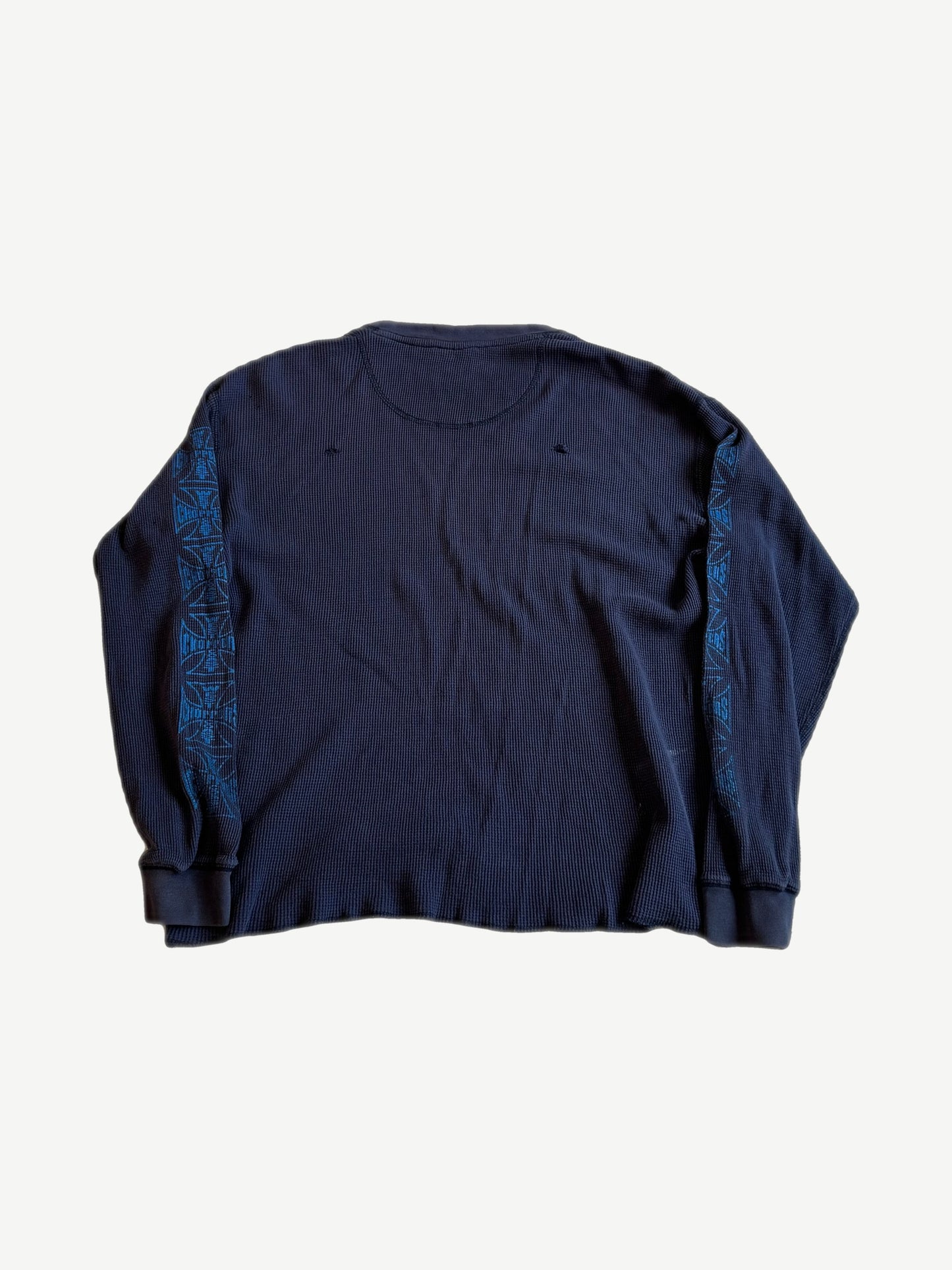 Vintage West Coast Choppers navy waffle thermal longsleeve back view with blue patterned tape down sleeves