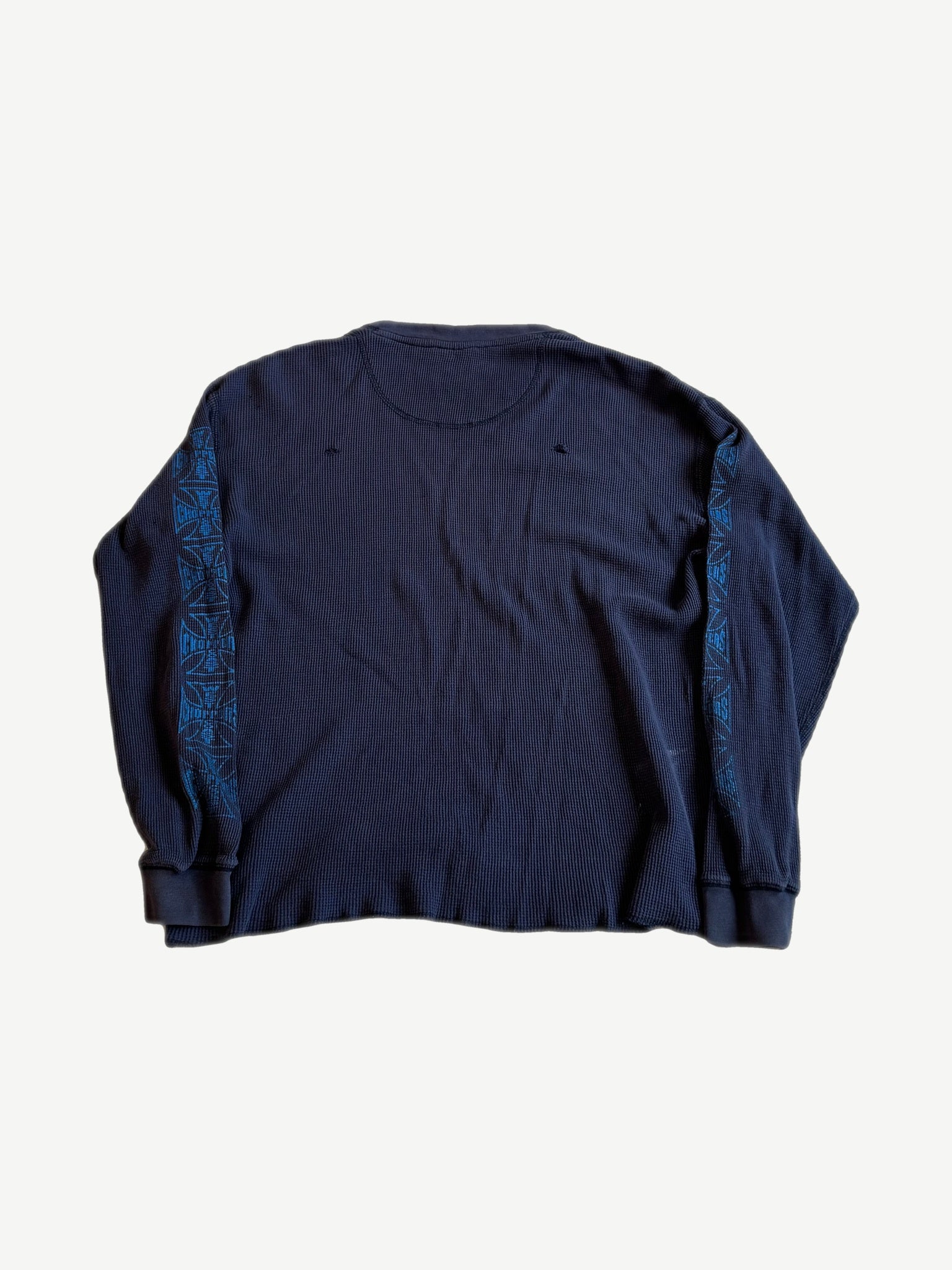 Vintage West Coast Choppers navy waffle thermal longsleeve back view with blue patterned tape down sleeves